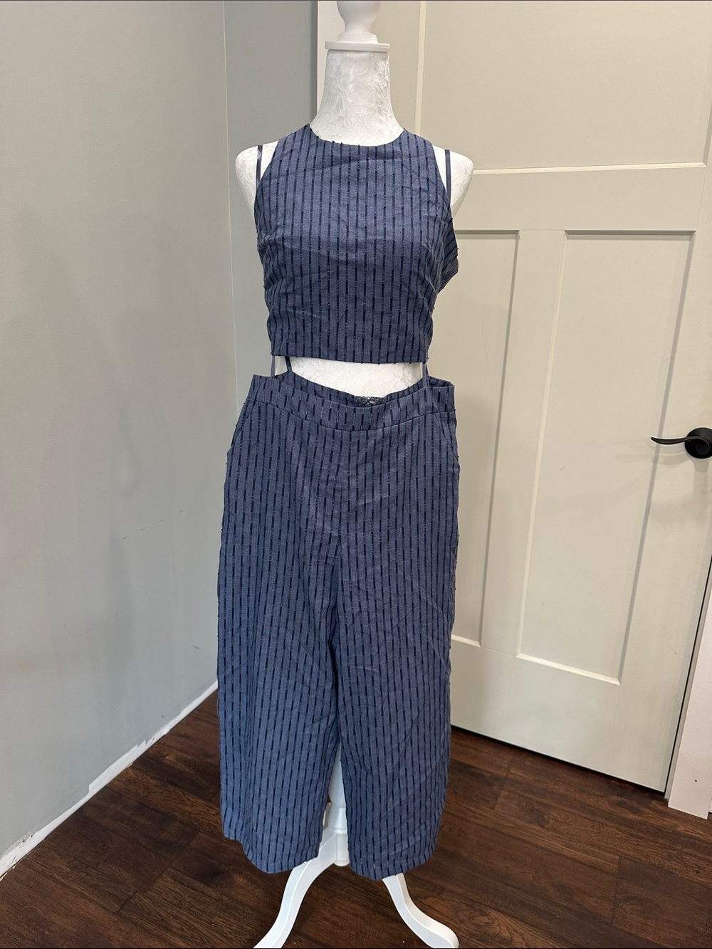 Sleeveless Navy Pinstriped Crop Top & Wide Leg Pants Set